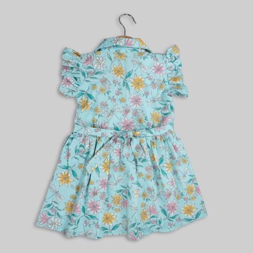 Blue Cotton Floral Print Frock For Girls