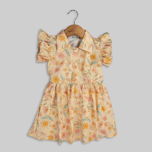 Yellow Cotton Floral Print Frock For Girls