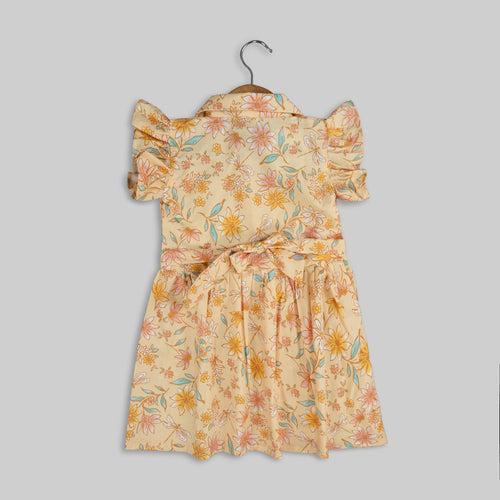 Yellow Cotton Floral Print Frock For Girls