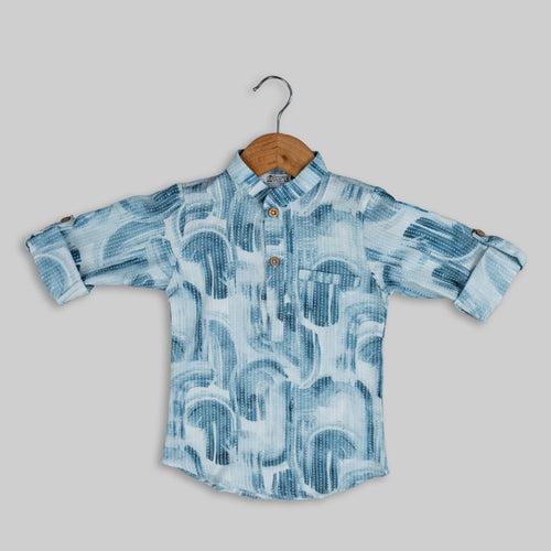 Blue Cotton Abstract Printed Kurta Shirt For Boys