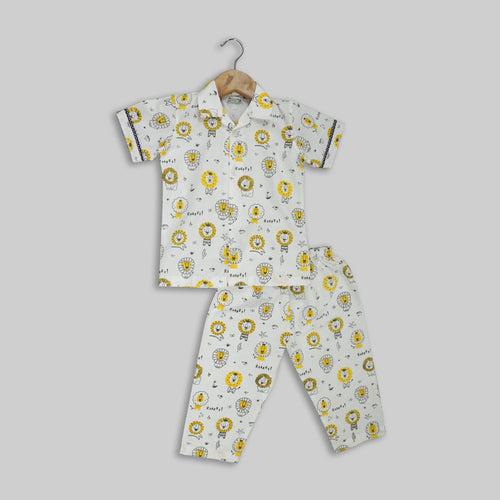 White Cotton Lion Print Sleepwear For Kids