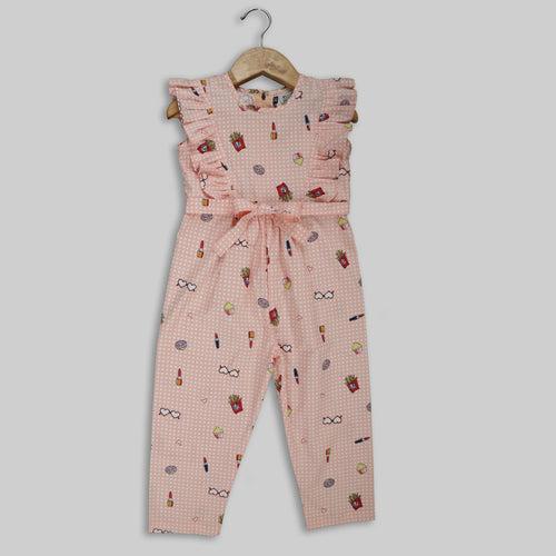 Peach Cotton Printed Jumpsuit For Girls