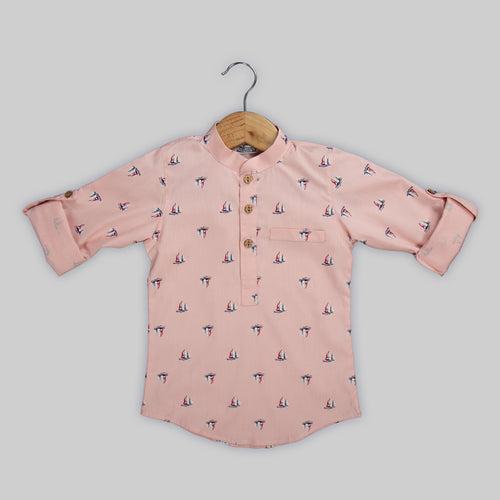 Pink Cotton Printed Shirt For Boys