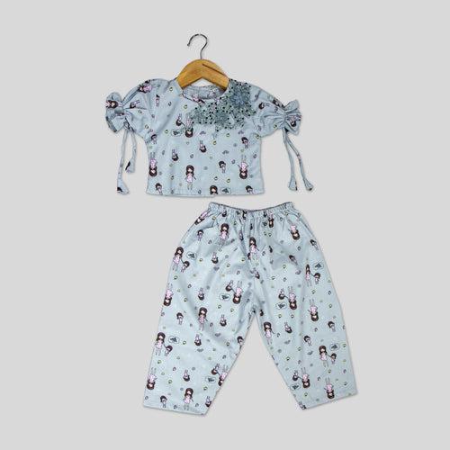 Grey Cotton Doll Print Co-ord Set For Girls