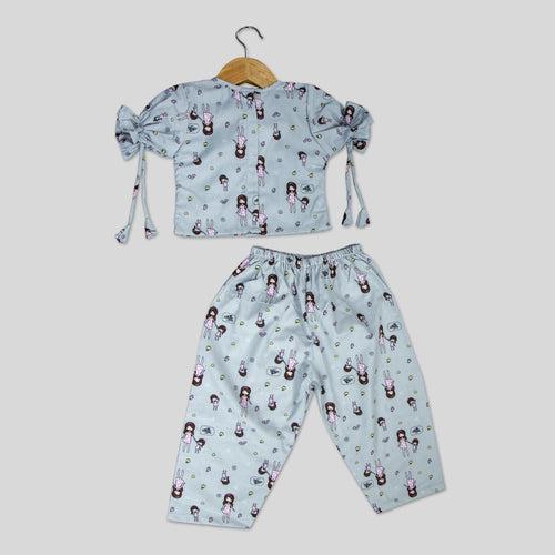 Grey Cotton Doll Print Co-ord Set For Girls