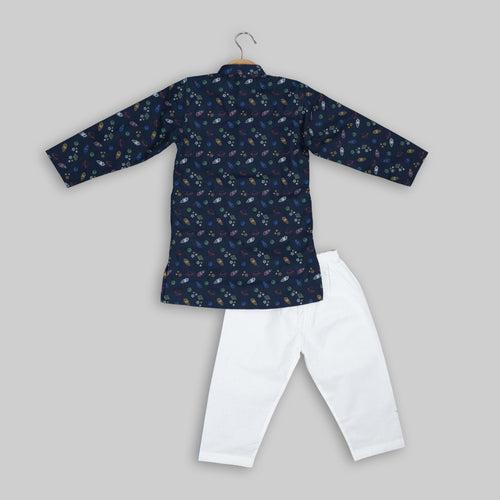 Blue Cotton Rocket Printed Kurta Pyjama For Boys