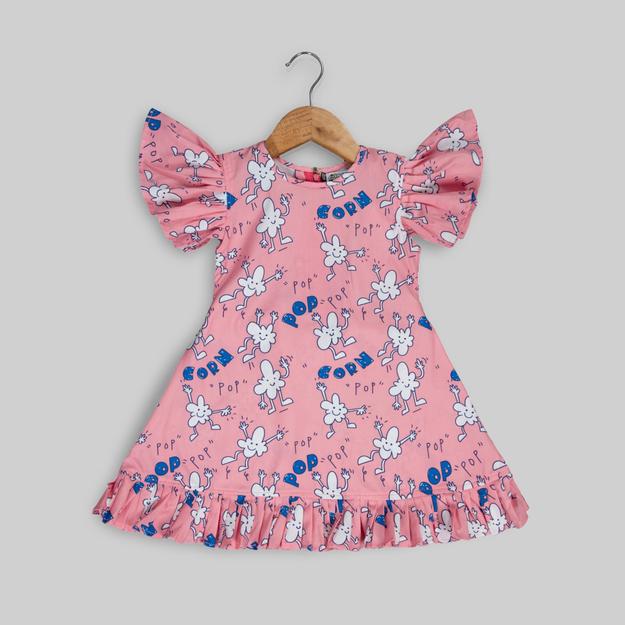 Pink Cotton Popcorn Printed Frock For Girls