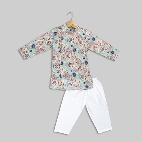 Blue Paisley Print Kurta Pyjama For Boys