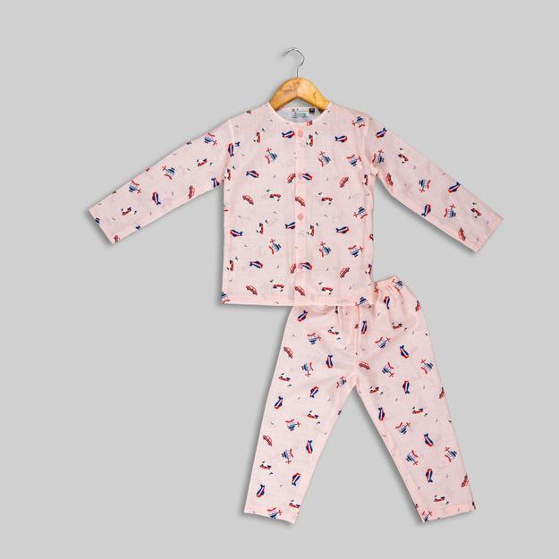 Peach Cotton Helicopter Print Sleepwear For Kids