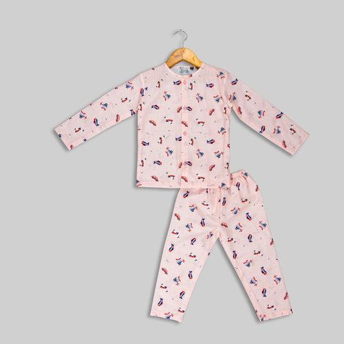 Peach Cotton Helicopter Print Sleepwear For Kids