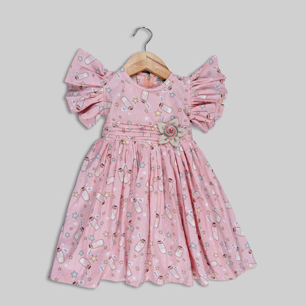 Pre Order: Pink Cotton Wish Bottle Printed Frock For Girls