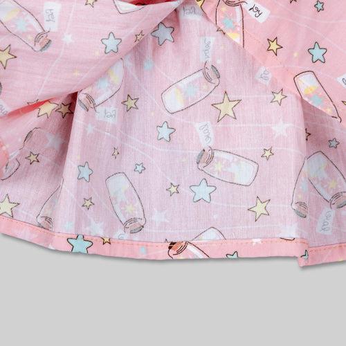 Pre Order: Pink Cotton Wish Bottle Printed Frock For Girls