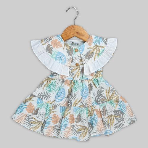 White Cotton Printed Frock For Girls