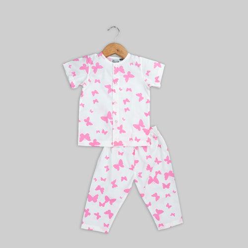 White Cotton Butterfly Printed Sleepwear For Girls