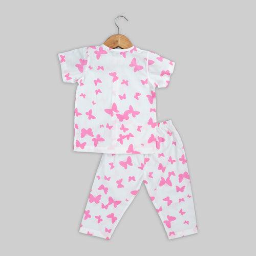 White Cotton Butterfly Printed Sleepwear For Girls