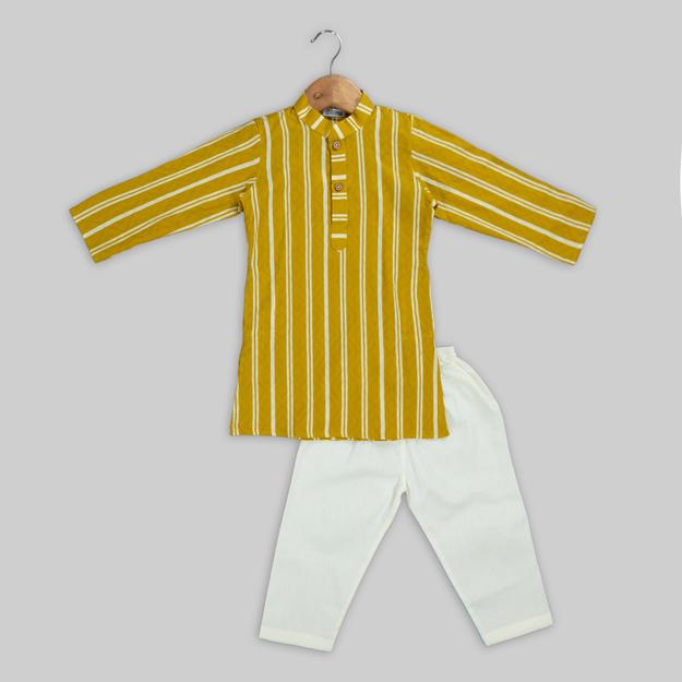 Yellow Cotton Striped Kurta Pyjama For Boys