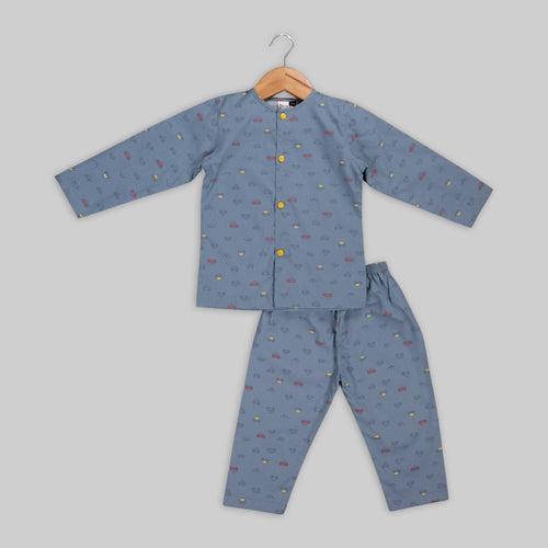 Blue Cotton Car Print Sleepwear For Boys