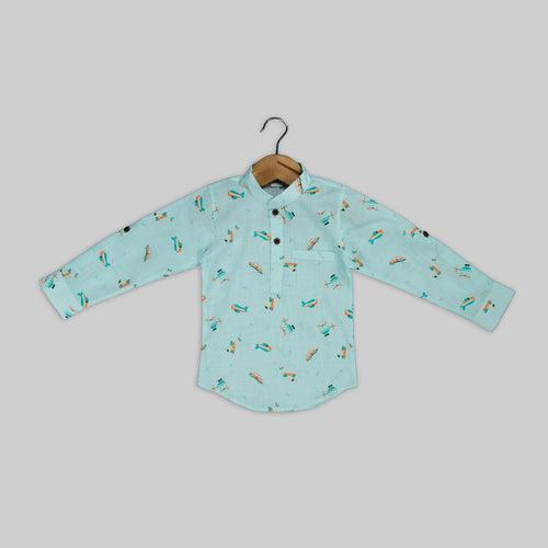 Green Cotton Transport Print Kurta Shirt For Boys