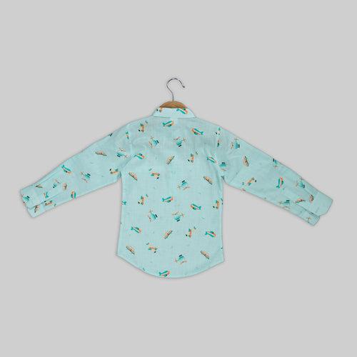 Green Cotton Transport Print Kurta Shirt For Boys