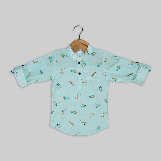 Green Cotton Transport Print Kurta Shirt For Boys