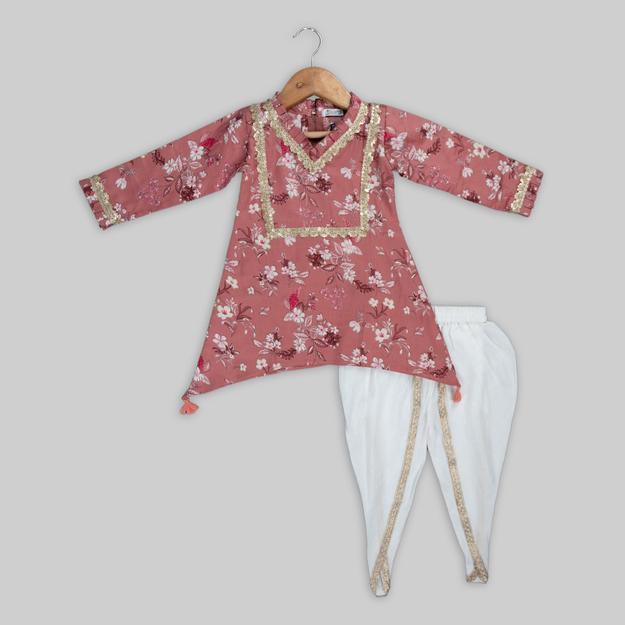 Pink Kurta With White Dhoti Pant For Girls