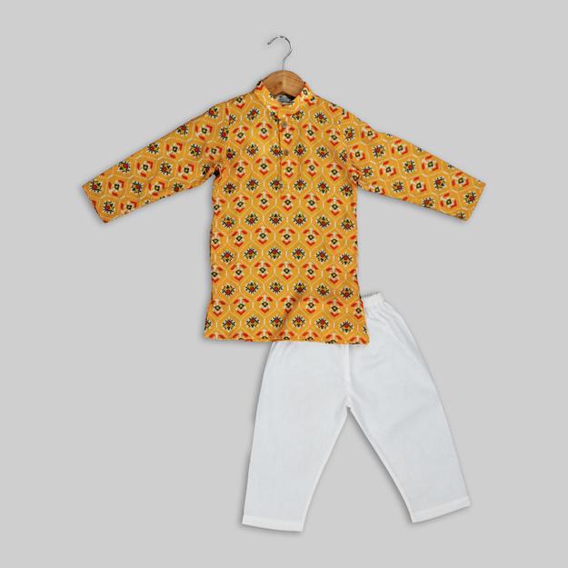 Yellow Cotton Patola Print Kurta Pyjama For Boys