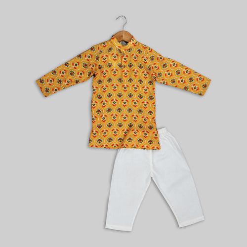 Yellow Cotton Patola Print Kurta Pyjama For Boys