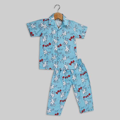 Blue Cotton Popcorn Printed Sleepwear For Kids