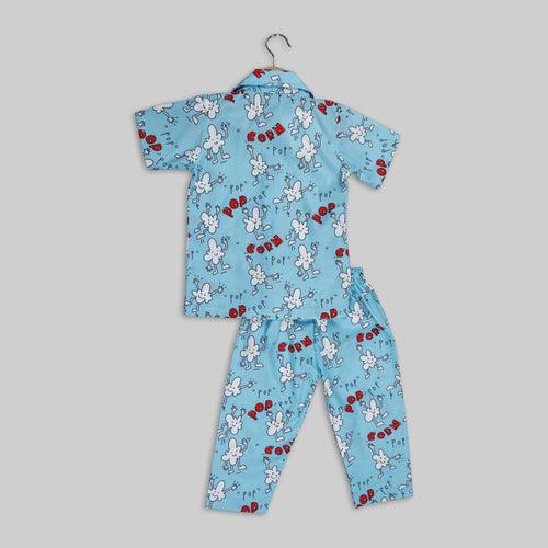 Blue Cotton Popcorn Printed Sleepwear For Kids