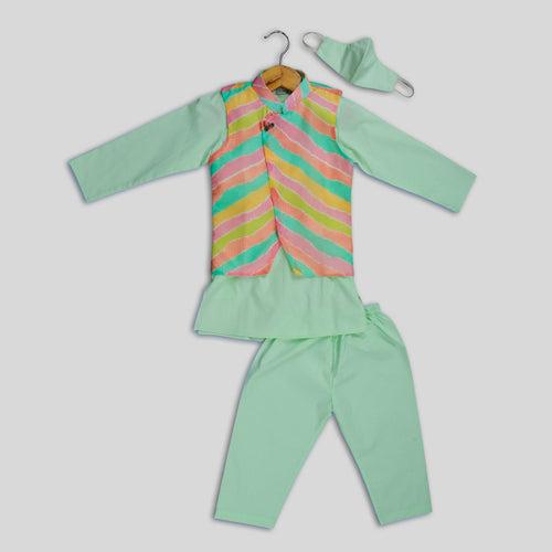 Multicoloured Lehariya Jacket with Green Cotton Kurta Pyjama Set for Boys