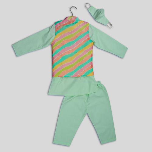 Multicoloured Lehariya Jacket with Green Cotton Kurta Pyjama Set for Boys