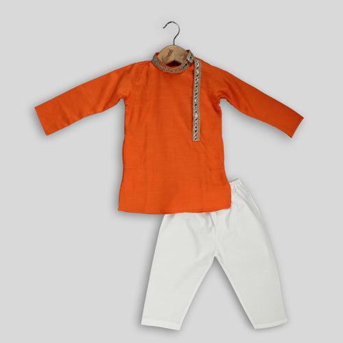 Orange Kurta Pyjama Set for Boys With Gota Work