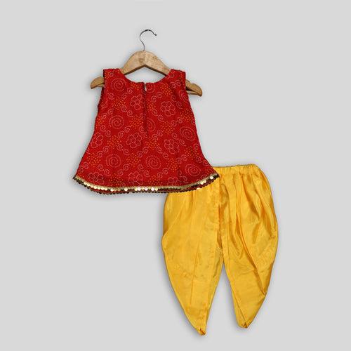 Red Badhani Top and Yellow Dhoti Pant Set