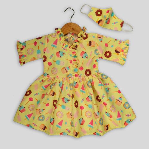 Yellow Printed Skater Frock For Girls