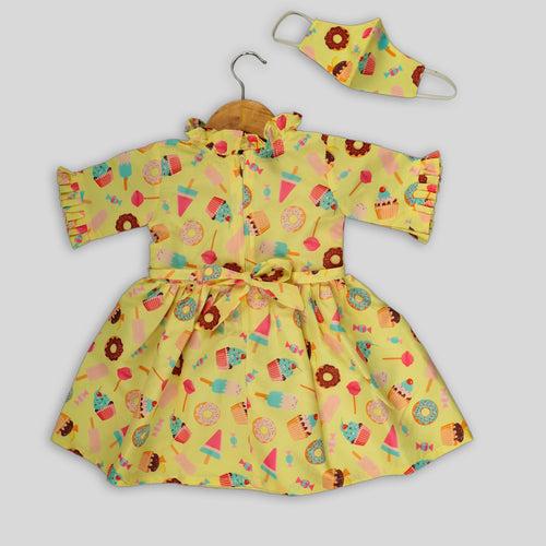 Yellow Printed Skater Frock For Girls