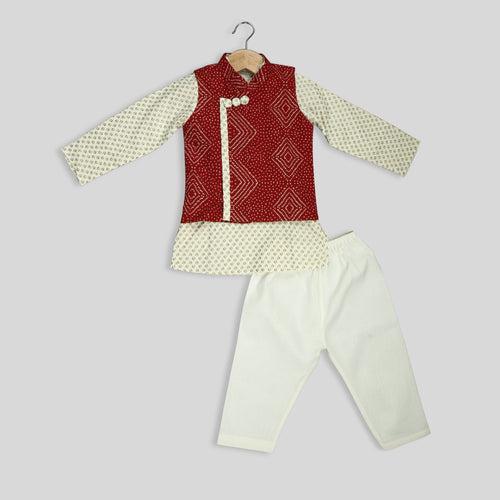 Cream Kurta Pyjama With Badhani Print Jacket For Boys