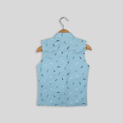 Blue Cotton Waistcoat with Feather Print