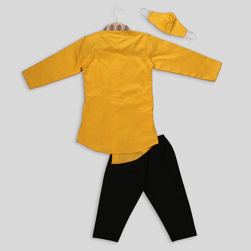 Yellow Kurta And Black Cotton Pyjama With Jacket