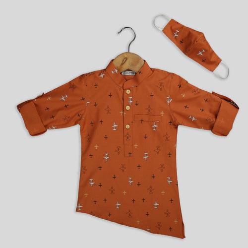 Brown Cotton Boy’s Kurta Shirt With Mask