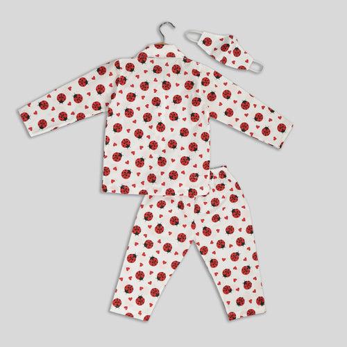 White Cotton Pyjama Set For Kids with Ladybug Print