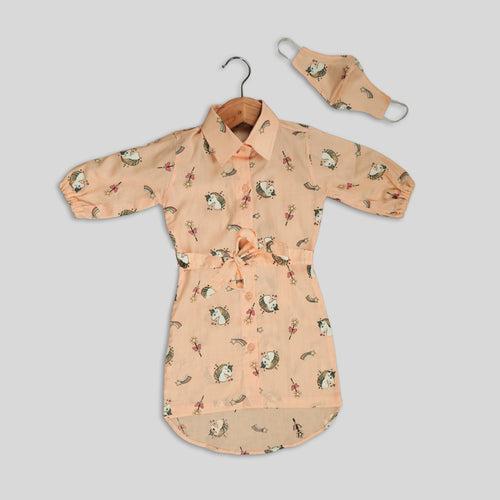 Peach Shirt Dress in Unicorn Print For Girls