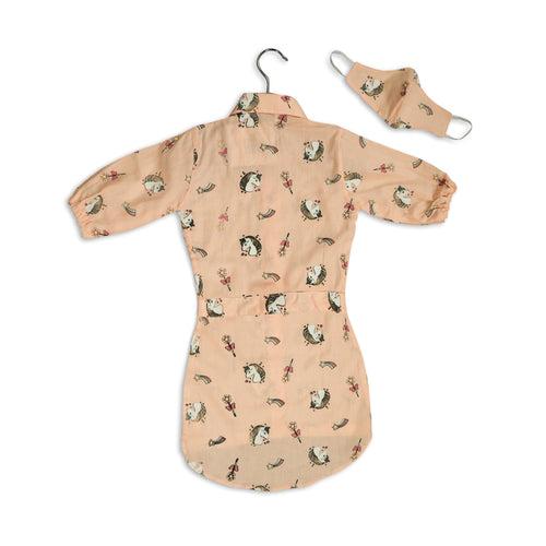 Peach Shirt Dress in Unicorn Print For Girls