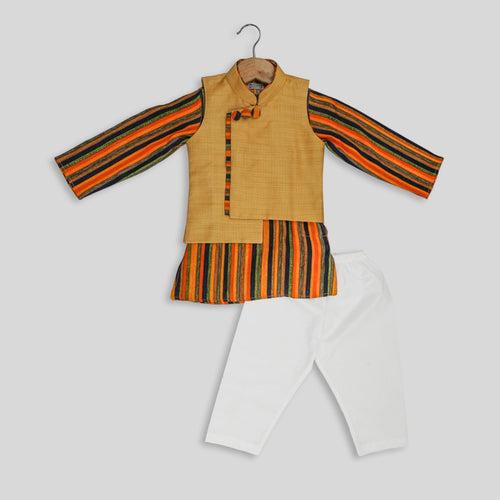 Mustard Jacket with Multicoloured Kurta and White Pyjama Set for Boys