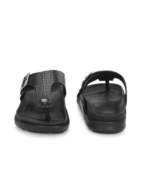 Hitz Men's Black Leather Open Toe Slippers