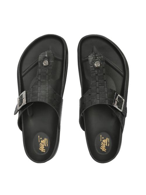 Hitz Men's Black Leather Open Toe Slippers