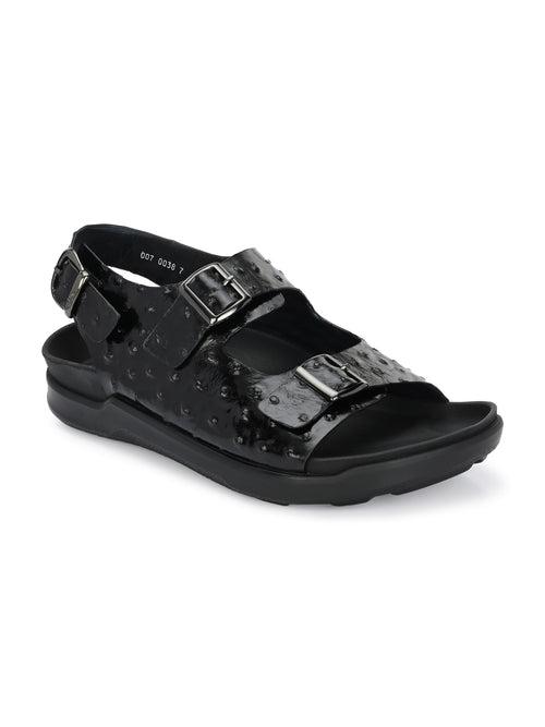 Hitz Men's Black Leather Casual Buckle Sandals