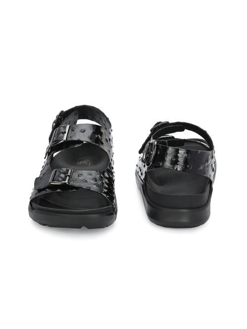 Hitz Men's Black Leather Casual Buckle Sandals