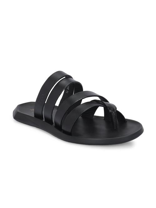 HITZ Men's Black Leather Casual Daily Wear Slippers
