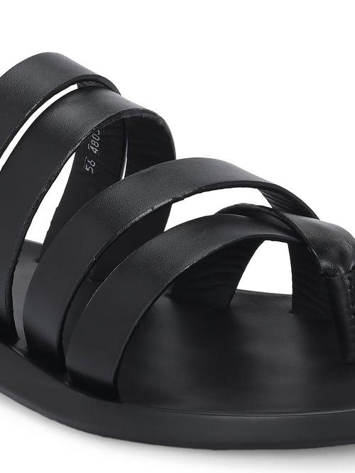 HITZ Men's Black Leather Casual Daily Wear Slippers