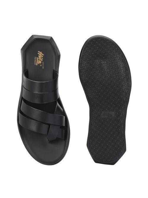 HITZ Men's Black Leather Casual Daily Wear Slippers